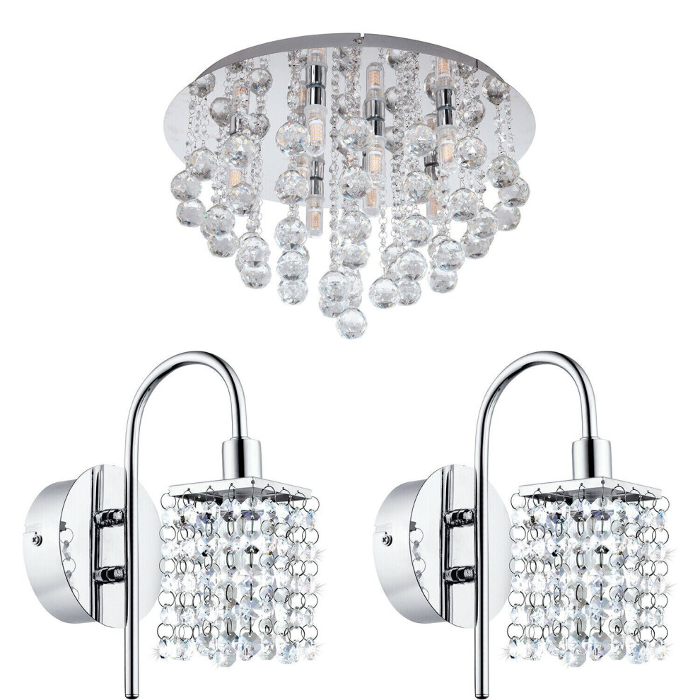 Low Ceiling Light & 2x Matching Wall Lights Chrome & Crystal IP44 Bathroom Lamp