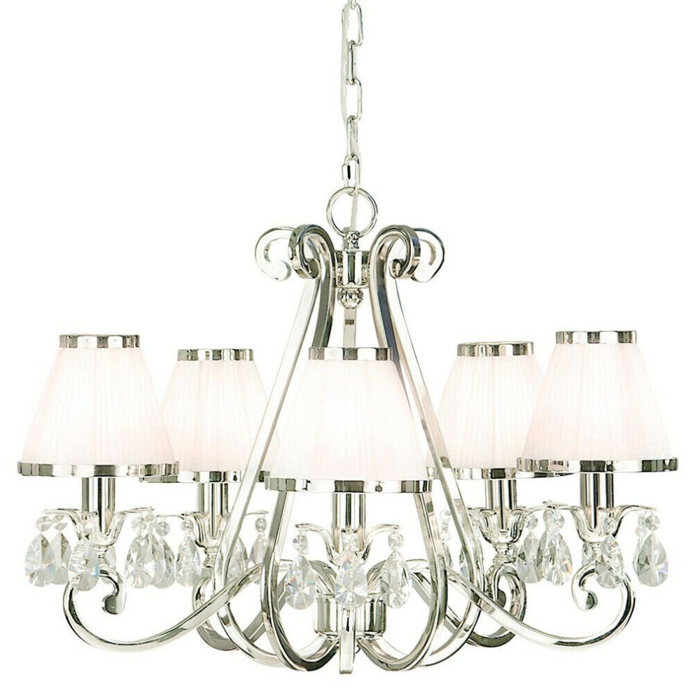 Esher Ceiling Pendant Chandelier Nickel Crystal & White Shades 5 Lamp Light