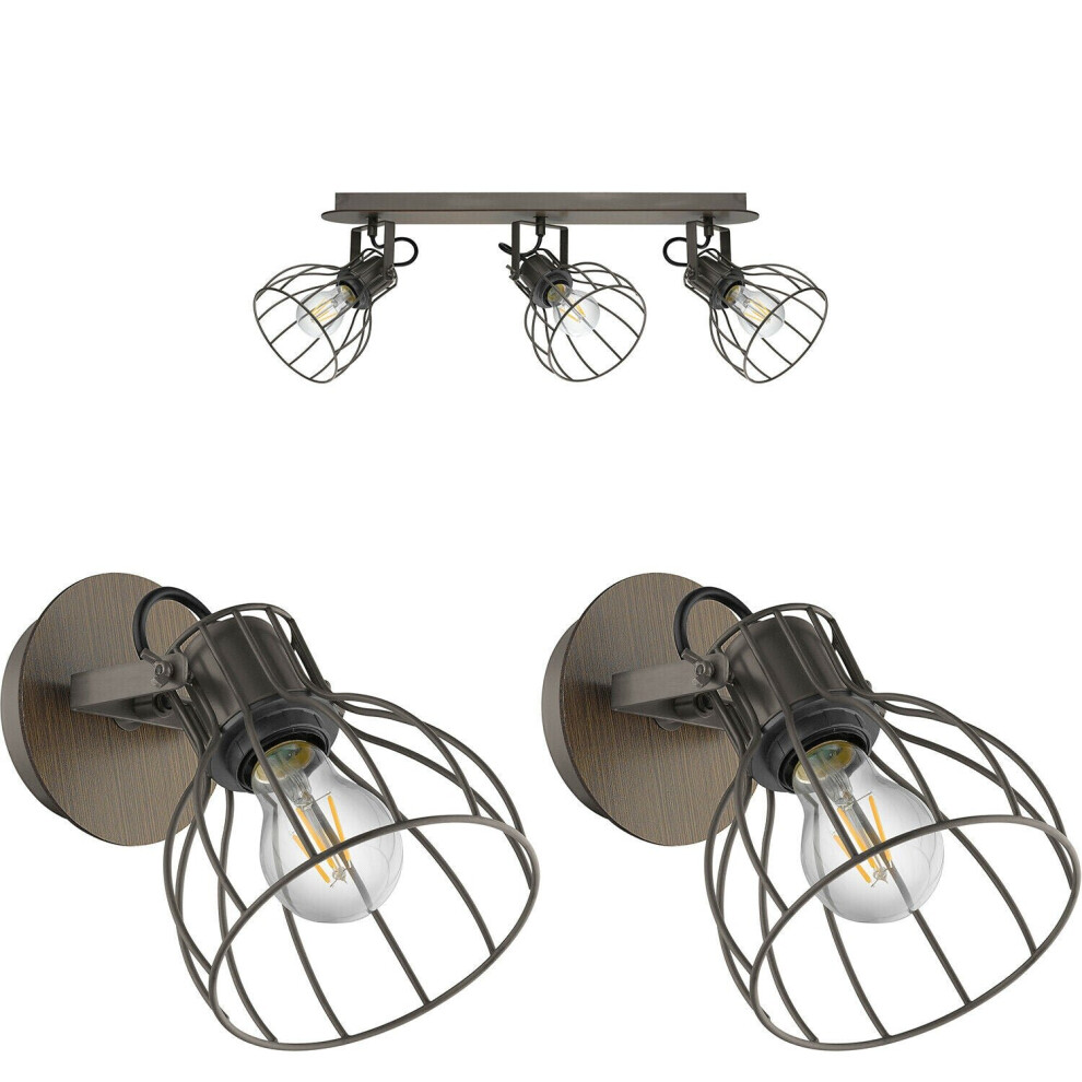 Loops Ceiling Spot Light & 2X Matching Wall Lights Industrial Rustic Metal Wire Shade
