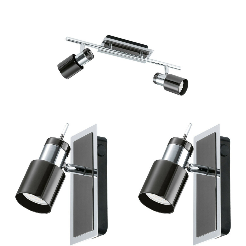 Twin Ceiling Spot Light & 2x Matching Wall Lights Black Nickel Chrome Shade Head