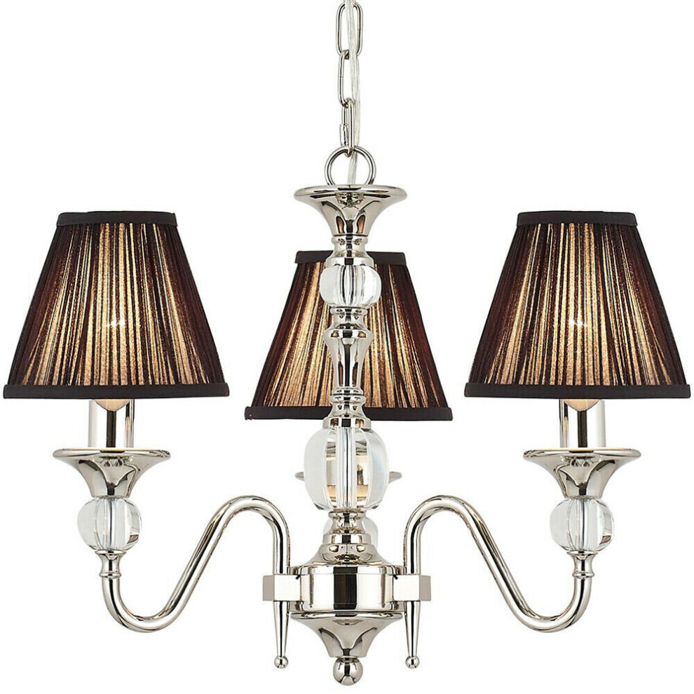 Diana Ceiling Pendant Chandelier Bright Nickel & Black Pleat Shade 3 Lamp Light