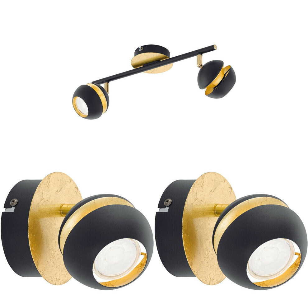 Loops Twin Ceiling Spot Light & 2X Matching Wall Lights Black & Gold Adjustable Shade