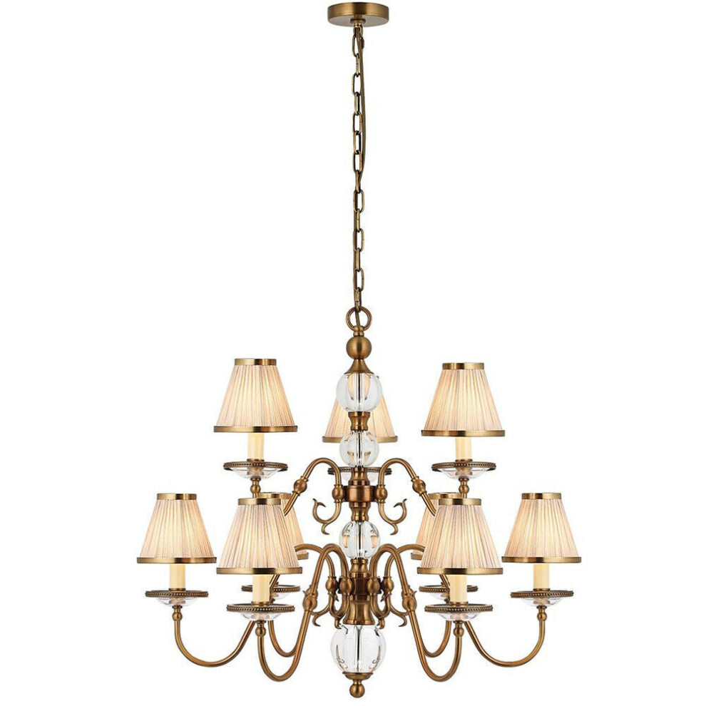 Flemish Ceiling Pendant Chandelier Antique Brass & Beige Shades 9 Lamp Light