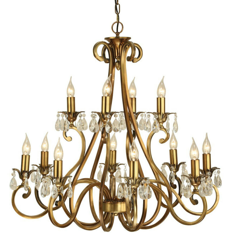 Esher Ceiling Pendant Chandelier Antique Brass & Crystal Curved 12 Lamp Light