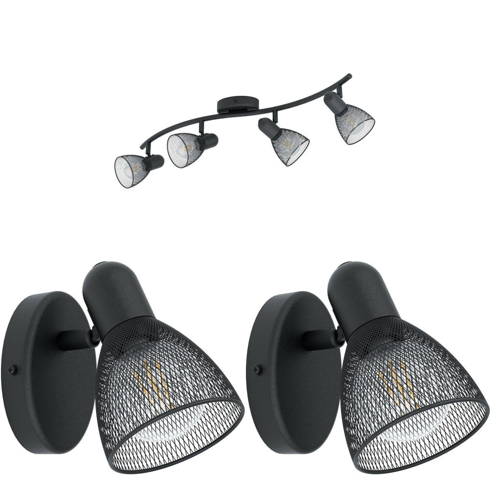 Quad Ceiling Spot Light & 2x Matching Wall Lights Black Mesh Adjusatble Head