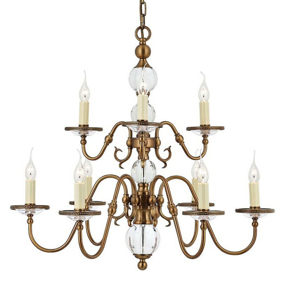 Flemish Ceiling Pendant Chandelier Antique Brass & Crystal Curved 9 Lamp Light