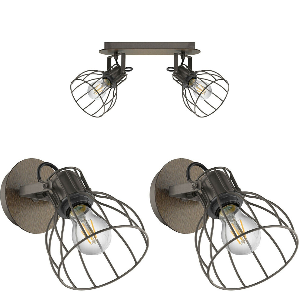 Loops Twin Ceiling Spot & 2X Matching Wall S Industrial Wire Shade Light/Black