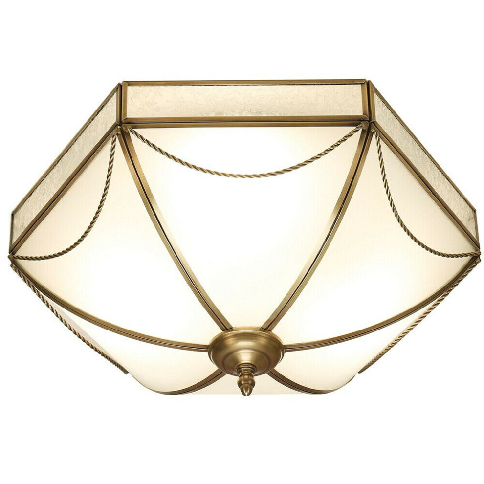 Luxury Flush Ceiling Light Antique Brass & Frosted Glass Traditional Hexagon