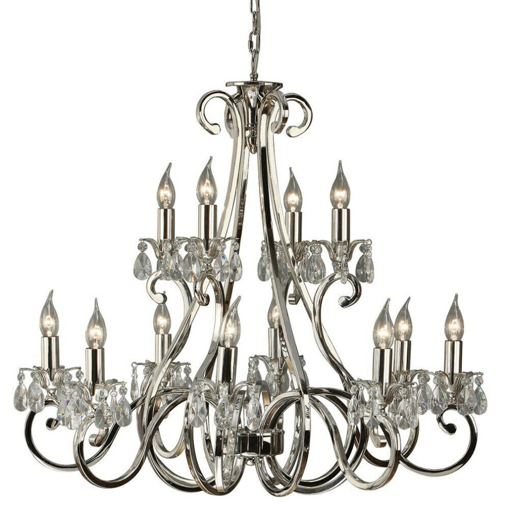 Esher Ceiling Pendant Chandelier Polished Nickel & Crystal Curved 12 Lamp Light