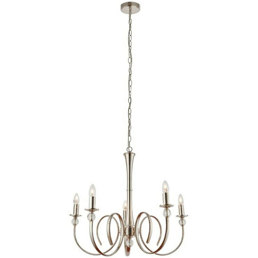 Luxury Hanging Ceiling Pendant Light Bright Nickel & Crystal 5 Lamp Chandelier