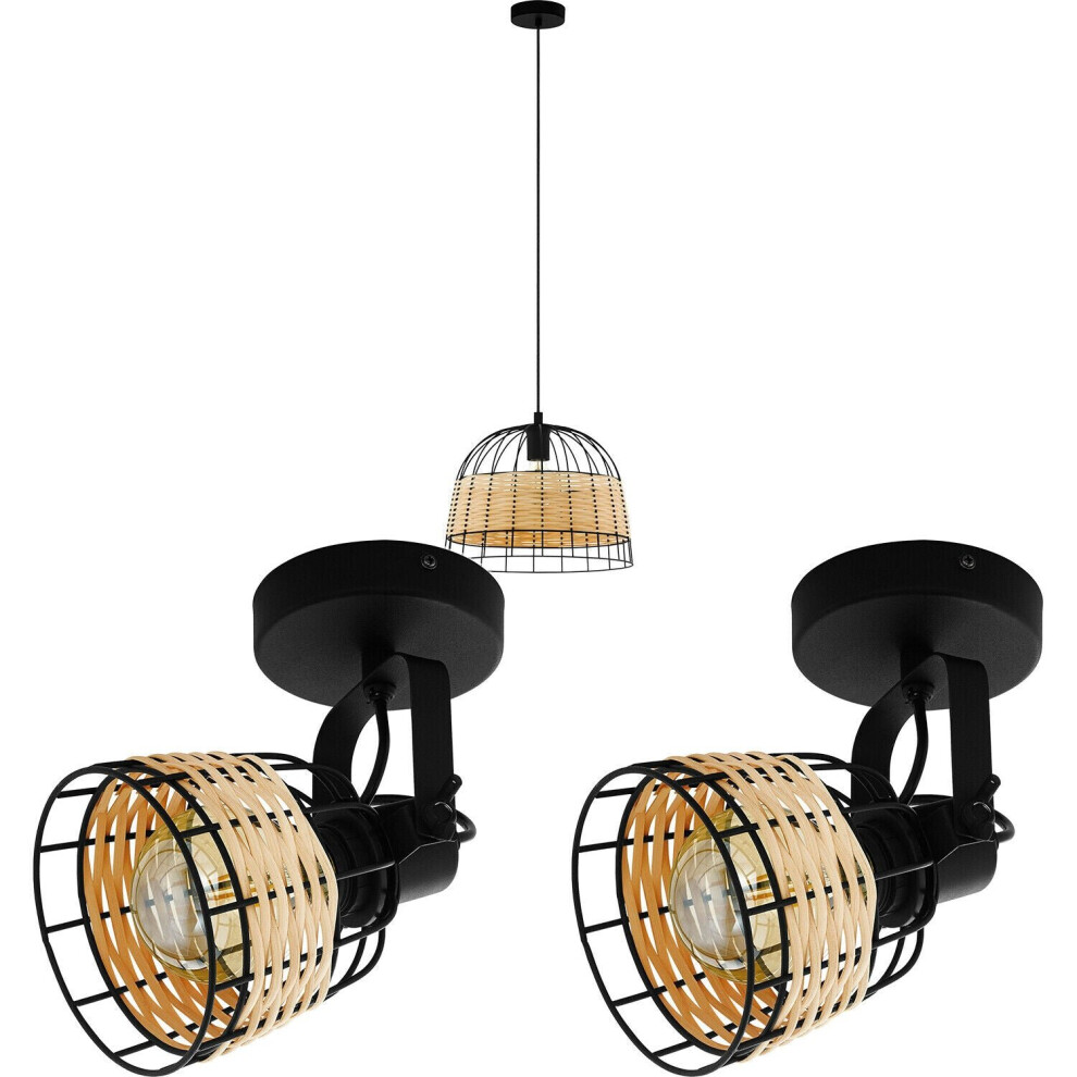 Loops Ceiling Pendant Light & 2X Matching Wall Lights Black Wire & Wicker Wood Lamp