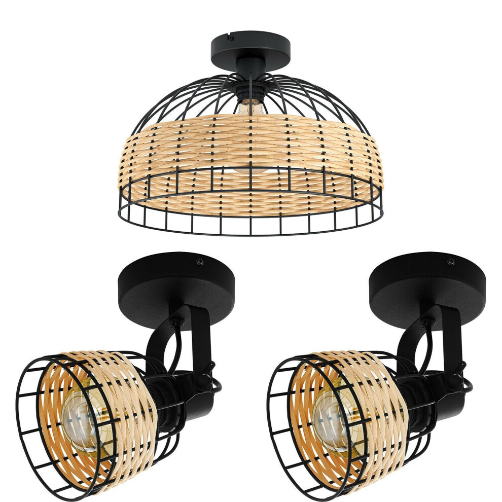 Loops Low Ceiling Light & 2X Matching Wall Lights Black & Wicker Wood Cage Shade