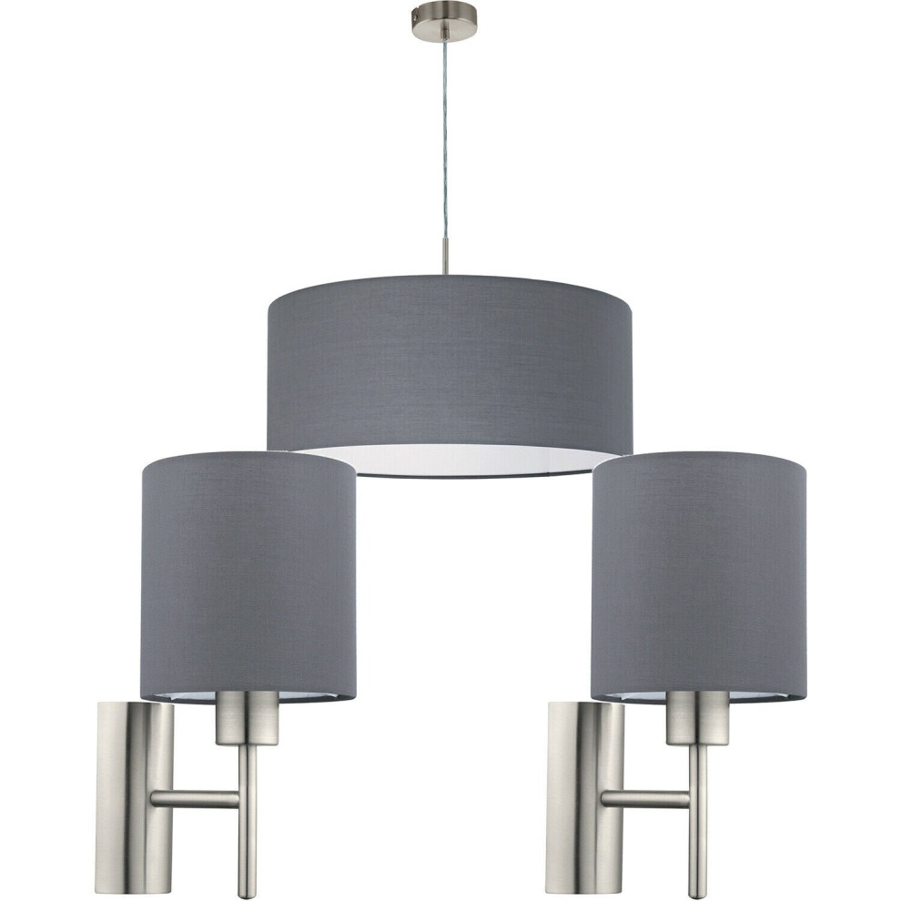 Loops Ceiling Pendant & 2X Matching Wall S Satin Nickel Fabric Shade Light/Grey