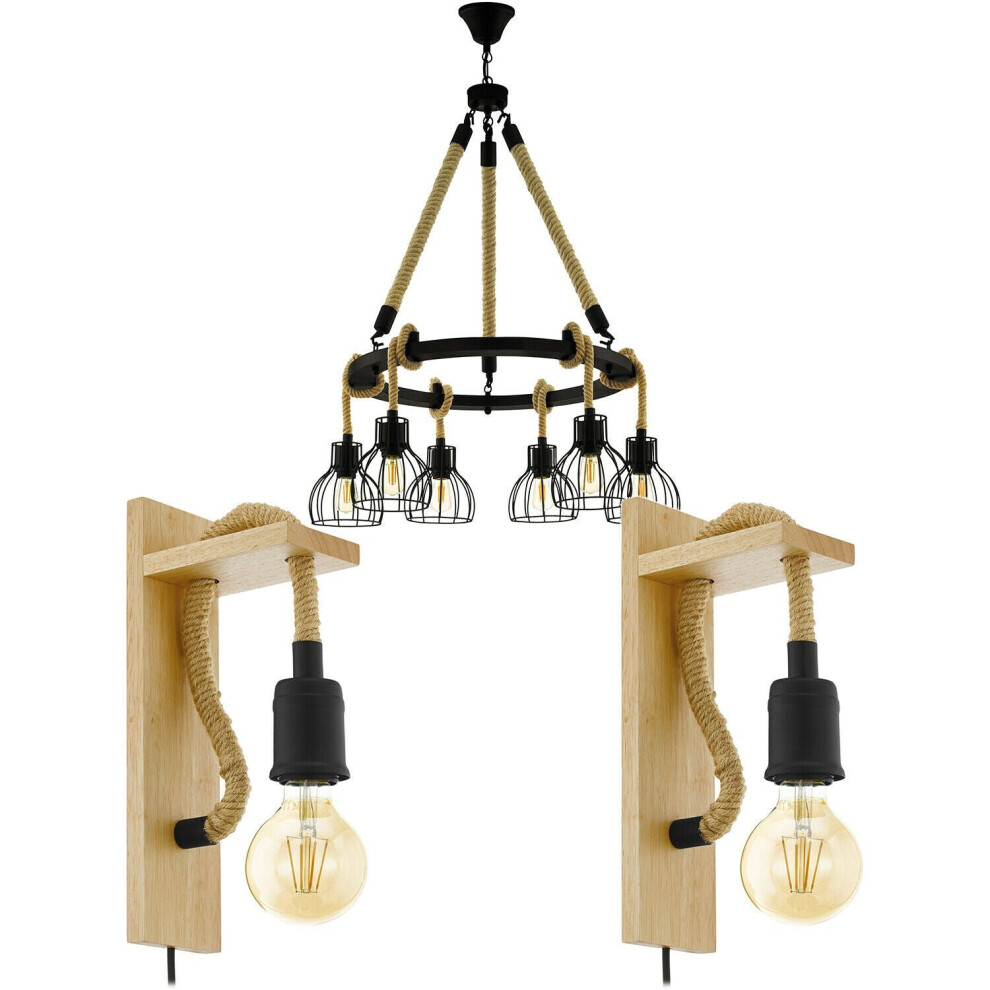 Loops 6 Bulb Ceiling Pendant & 2X Matching Wall Lights Rope Trendy Feature Lamp Black