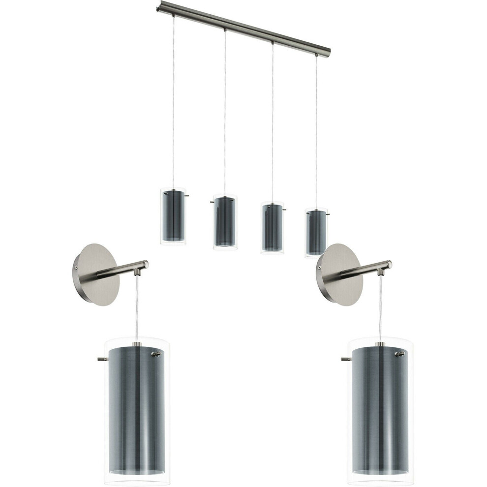 Loops Quad Ceiling & 2X Matching Wall Lights Dark Nickel & Glass Shade Linear Bar