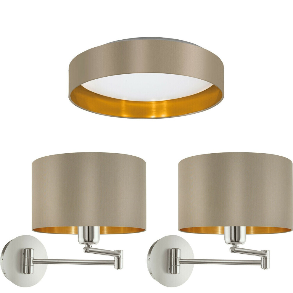 Loops Low Ceiling Light & 2X Matching Wall Lights Taupe & Gold Round Diffused Lamp
