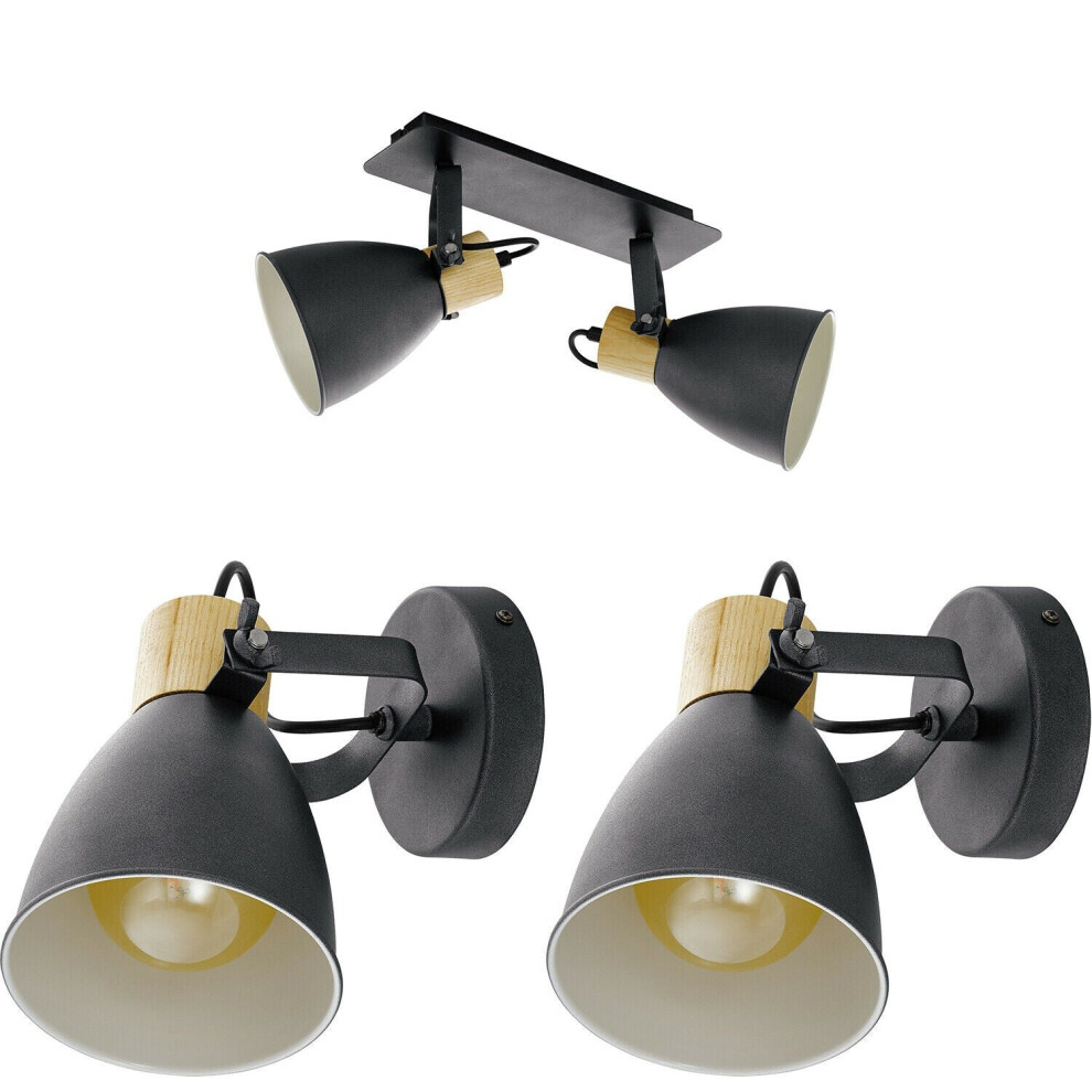 Loops Twin Ceiling Spot & 2X Matching Wall S & Wood Shade Moving Head Light/Black