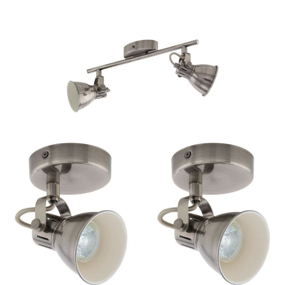 Twin Ceiling Spot Light & 2x Matching Wall Lights Antique Nickel Lamp Shade Head