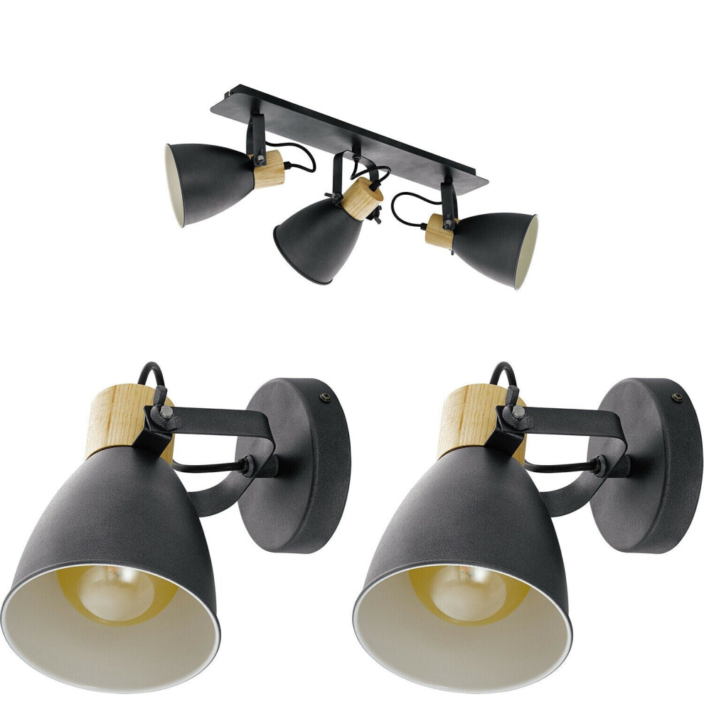 Loops Ceiling Spot & 2X Matching Wall S & Wood Adjustable Shade Light/Black