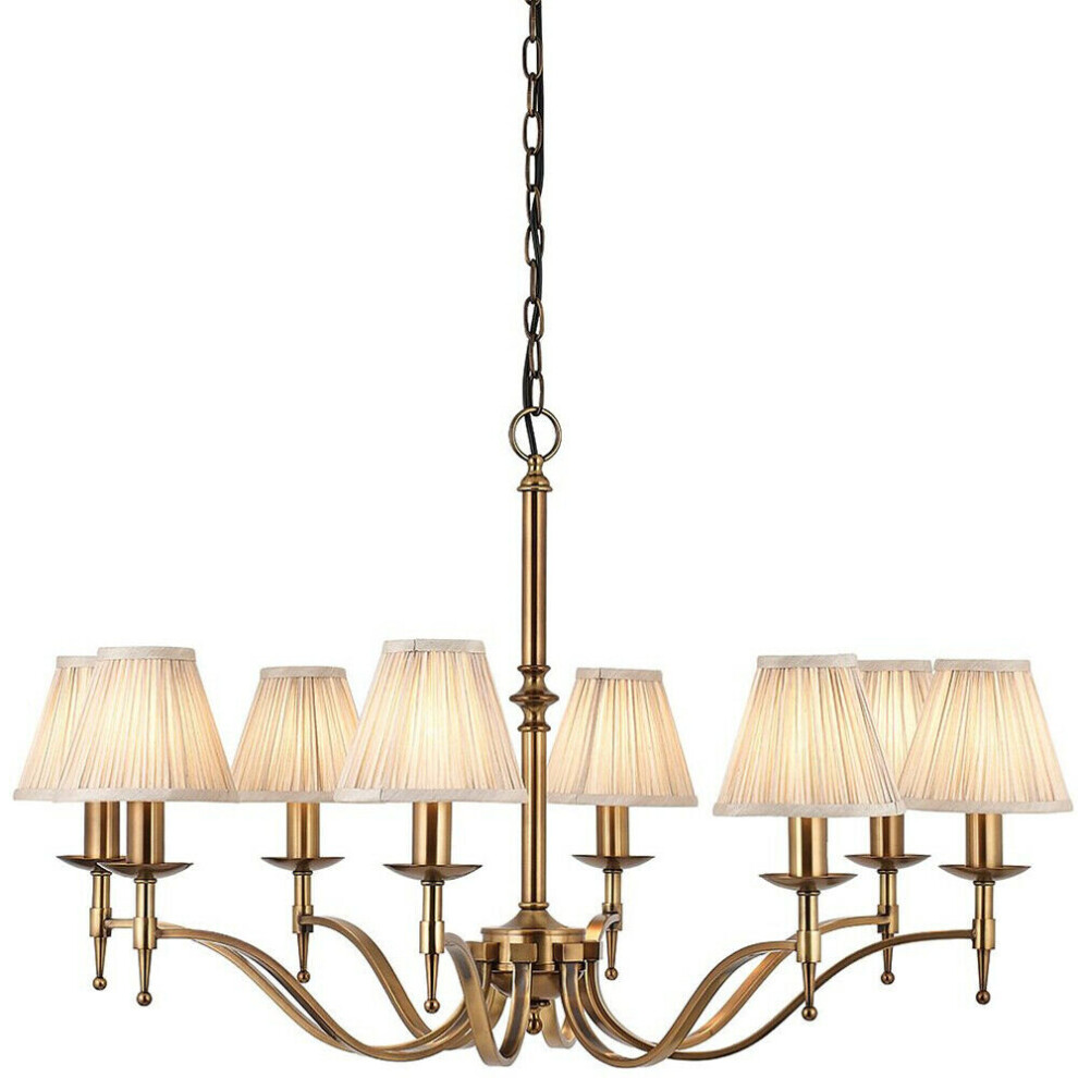 Loops Avery Ceiling Pendant Chandelier 8 Lamp Antique Brass & Pleat Shade Light/Beige