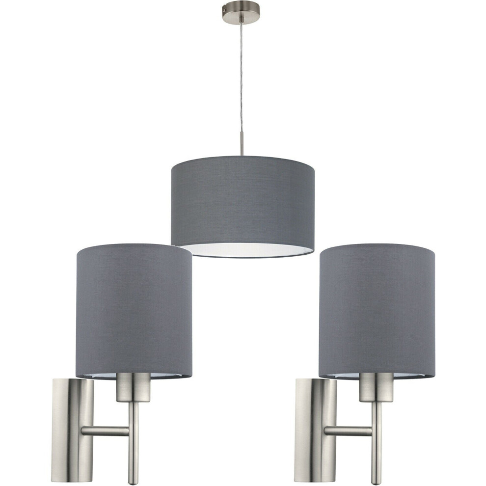 Ceiling Pendant Light & 2x Matching Wall Lights Satin Nickel Grey Fabric Shade