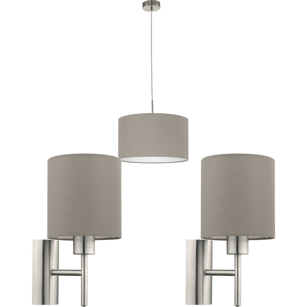 Ceiling Pendant Light & 2x Matching Wall Lights Satin Nickel Taupe Fabric Shade