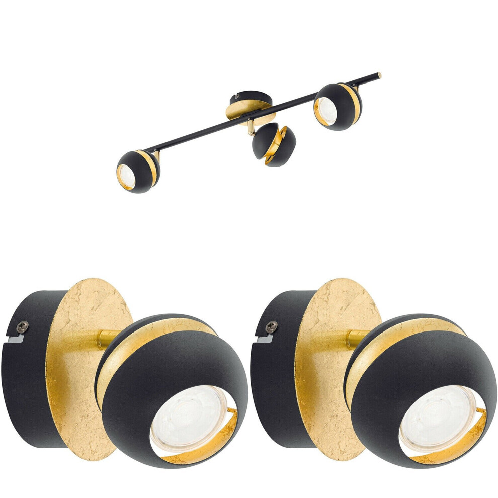 Ceiling Spot Light & 2x Matching Wall Lights Black & Gold Adjustable Shade