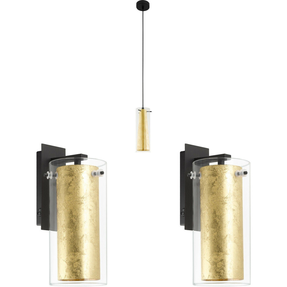 Loops Ceiling Pendant & 2X Matching Wall S Clear Glass & Shade Lamp Light/Gold