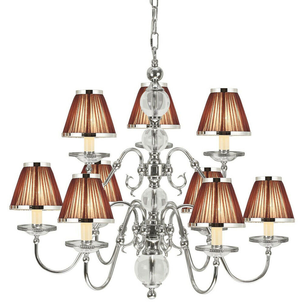 Flemish Ceiling Pendant Chandelier Polished Nickel & Brown Shades 5 Lamp Light