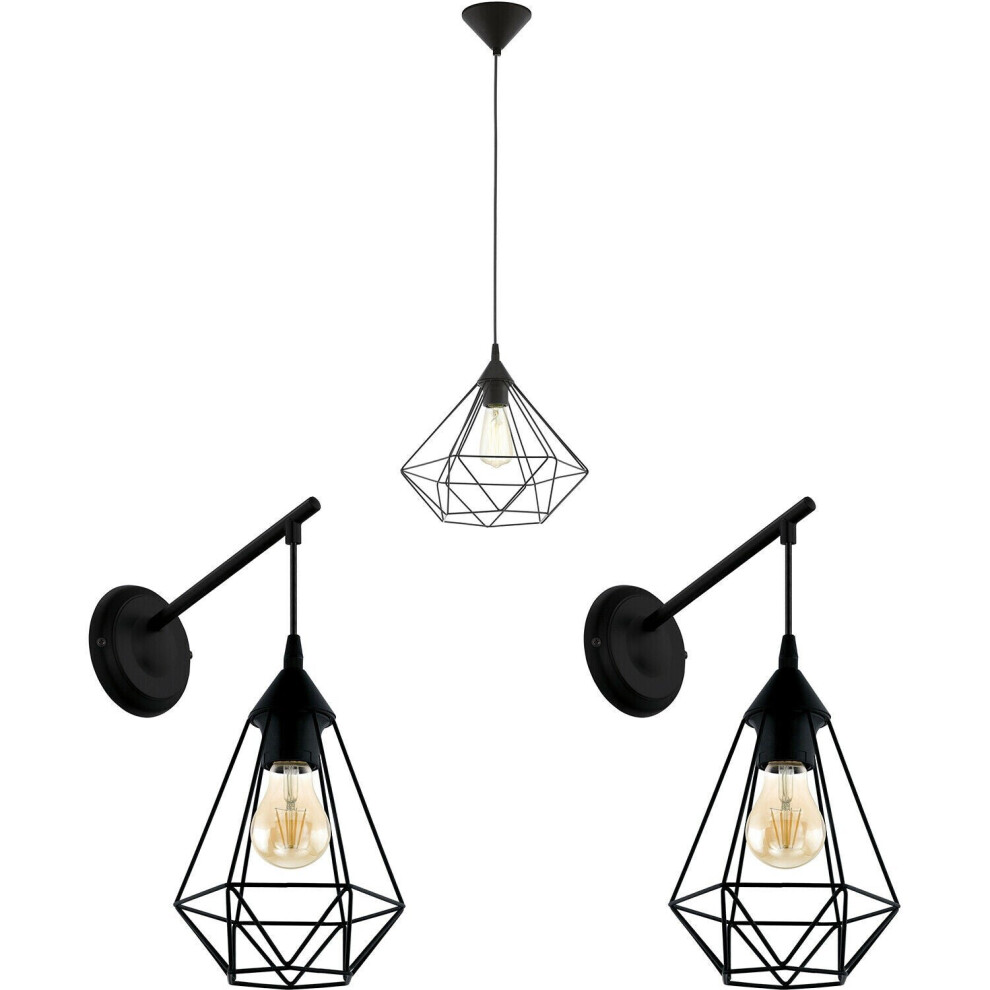 Loops Ceiling Pendant Light & 2X Matching Wall Lights Black Geometric Cage Wire Lamp