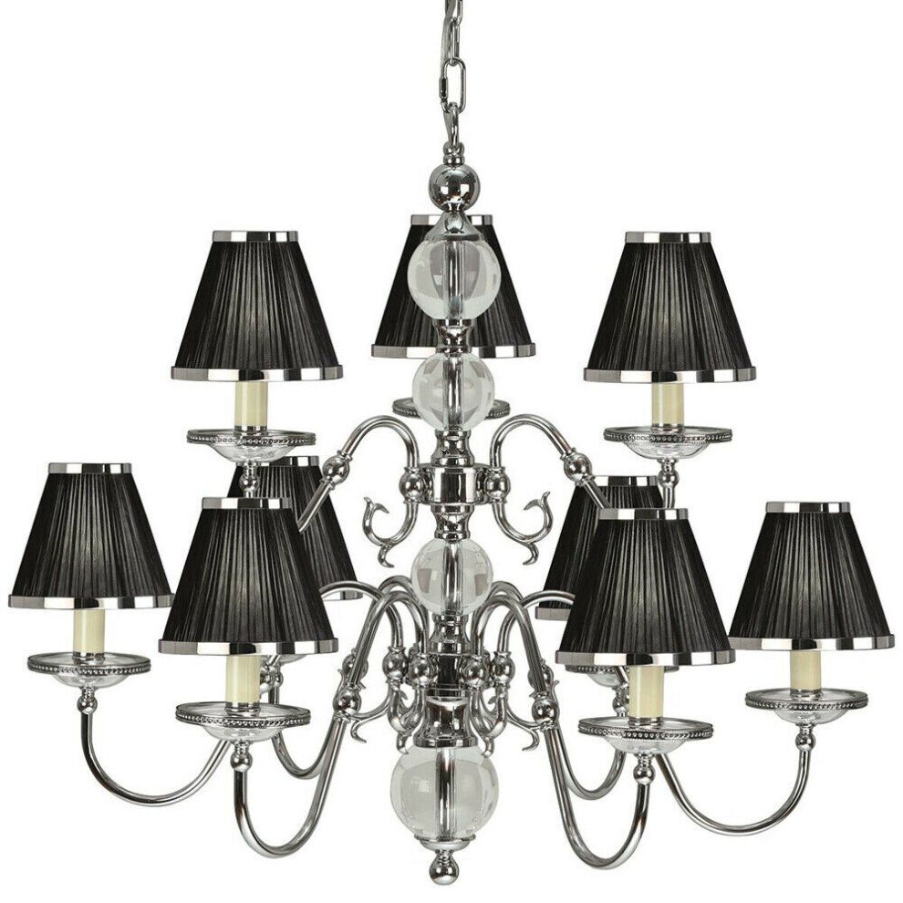 Flemish Ceiling Pendant Chandelier Polished Nickel & Black Shades 9 Lamp Light