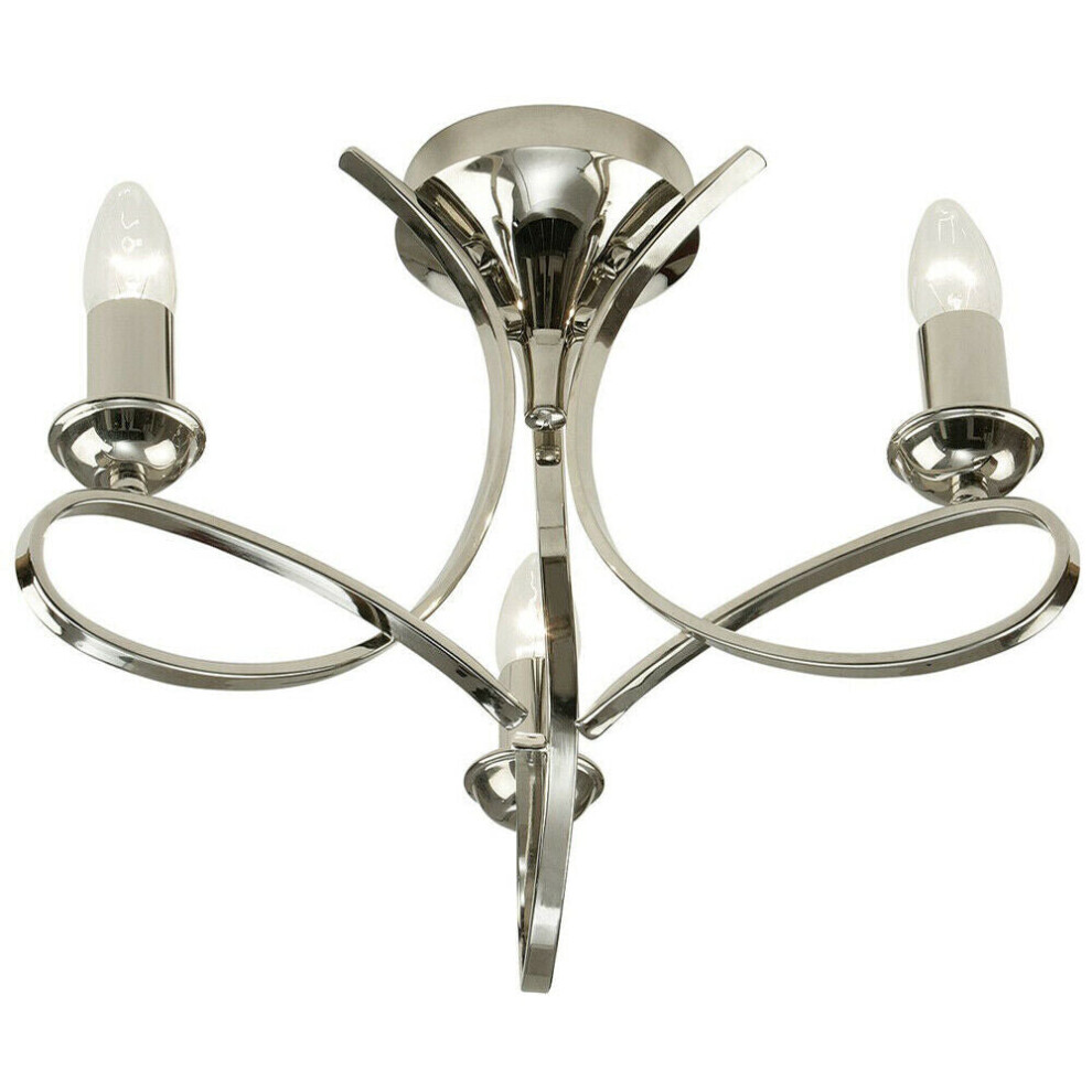 Loops Eaves Semi Flush Ceiling Chandelier 3 Lamp Bright Nickel Curved Multi Arm Light