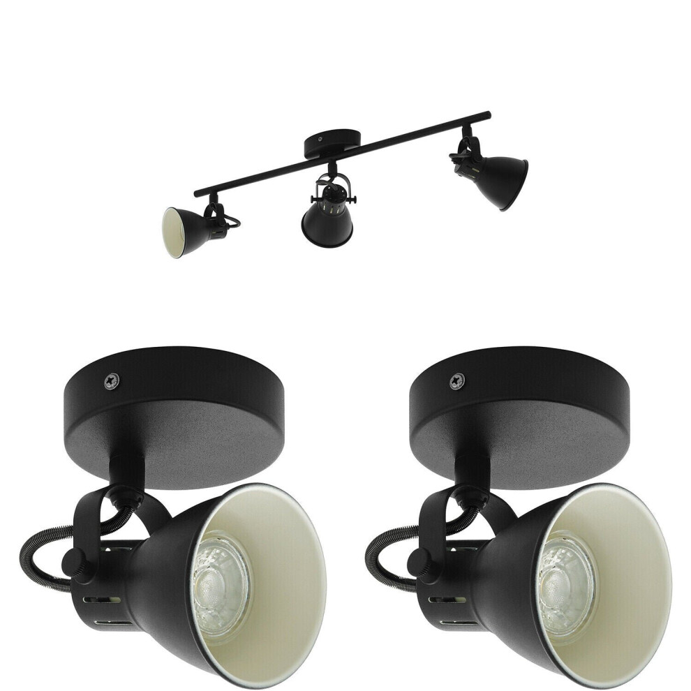Loops Ceiling Spot Light & 2X Matching Wall Lights Matt Black Adjustable Kitchen Lamp
