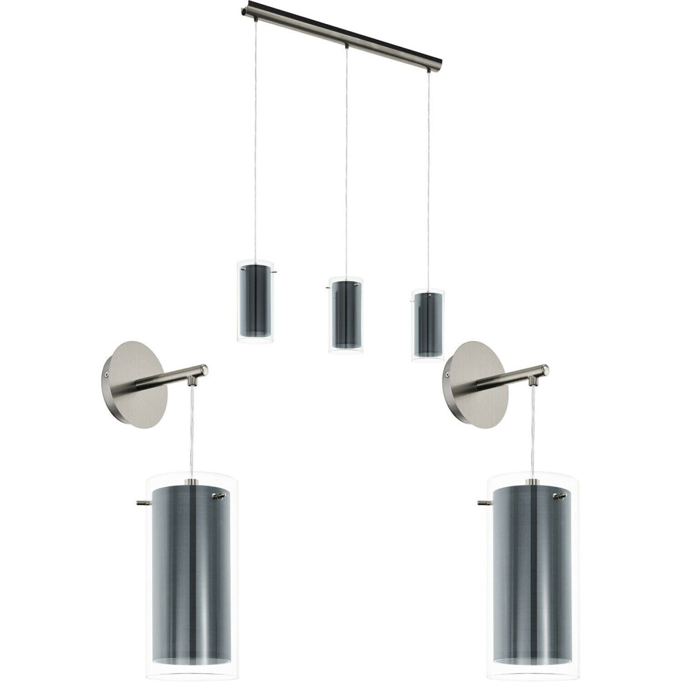 Loops Ceiling Pendant Light & 2X Matching Wall Lights Satin Nickel & Clear Glass Shade
