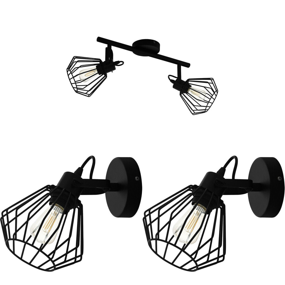 Twin Ceiling Spot Light & 2x Matching Wall Lights Black Geometric Cage Head