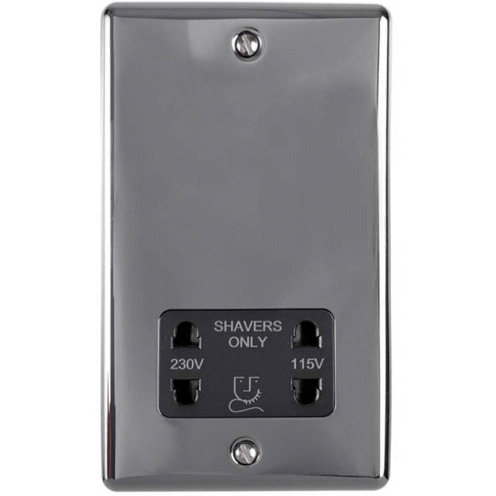 230v & 115v Shaver Twin Socket Wall Plate BLACK NICKEL & Black Trim 86mm x 146mm