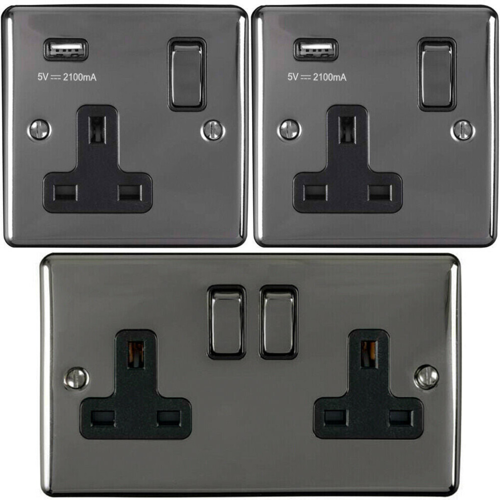 Bedside Plug Socket Pack-2x Single / USB & 1x Twin Gang-BLACK NICKEL / Black 13A