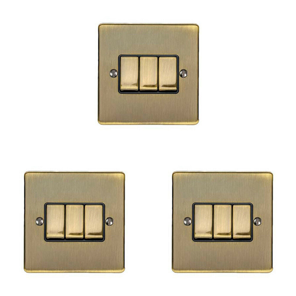 3 PACK 3 Gang Metal Triple Light Switch ANTIQUE BRASS 2 Way 10A Black Trim