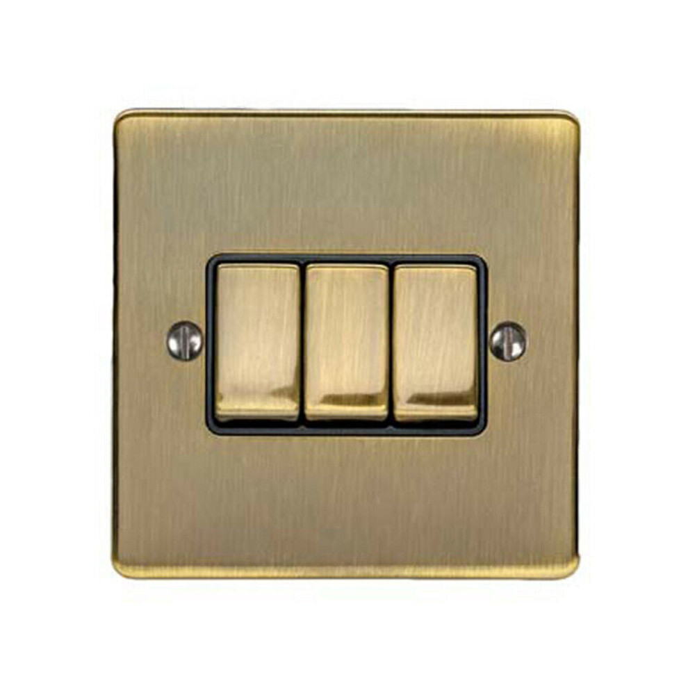 3 Gang Triple Light Switch ANTIQUE BRASS 2 Way 10A Black Trim & Metal Rocker