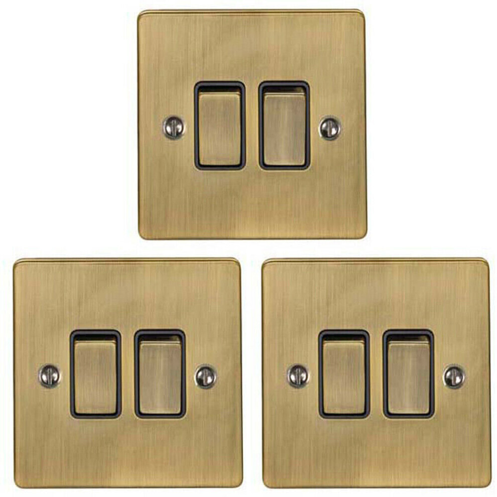 3 PACK 2 Gang Double Metal Light Switch ANTIQUE BRASS 2 Way 10A Black Trim