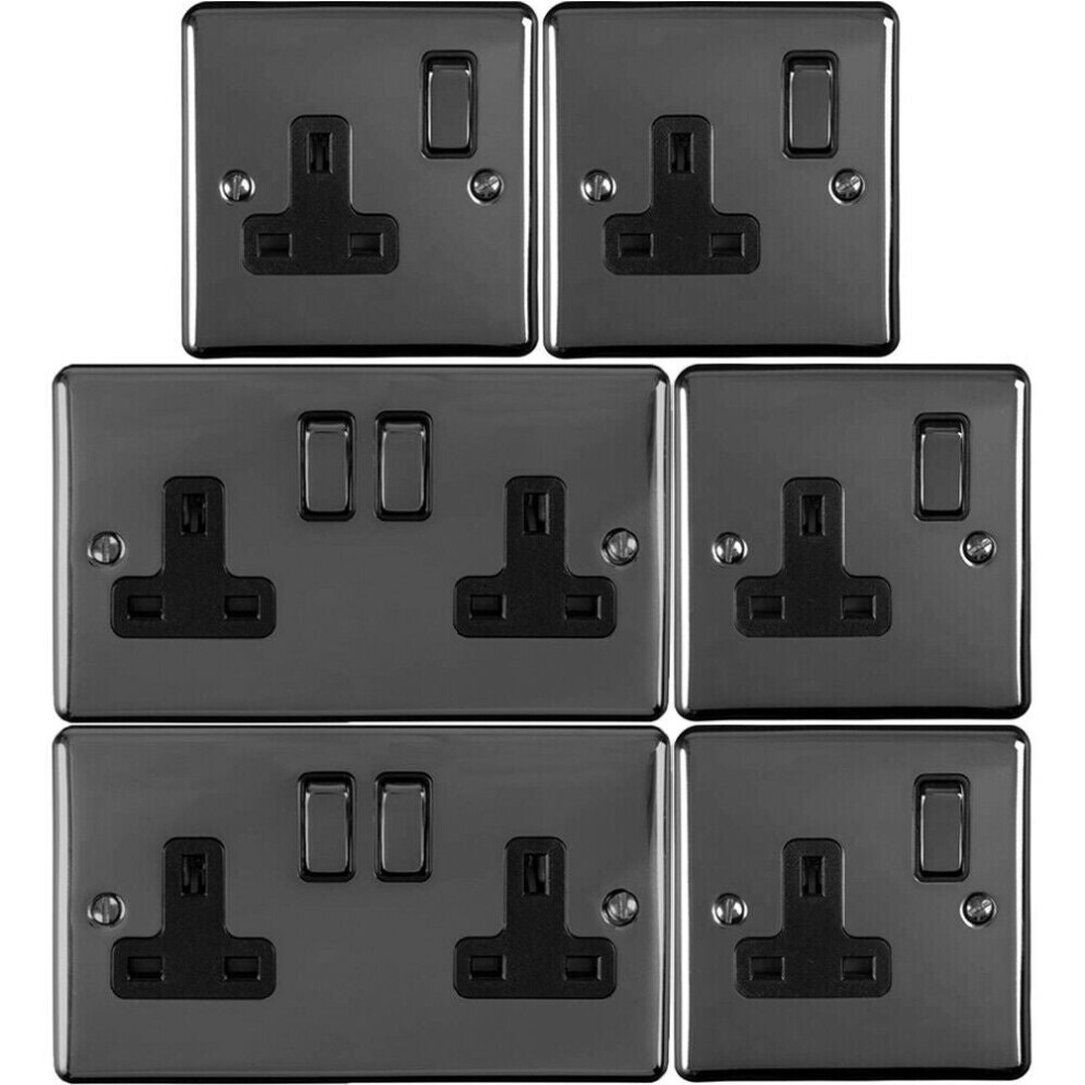 UK Plug Socket Pack -2x Twin & 4x Single Gang- BLACK NICKEL / Black 13A Switched