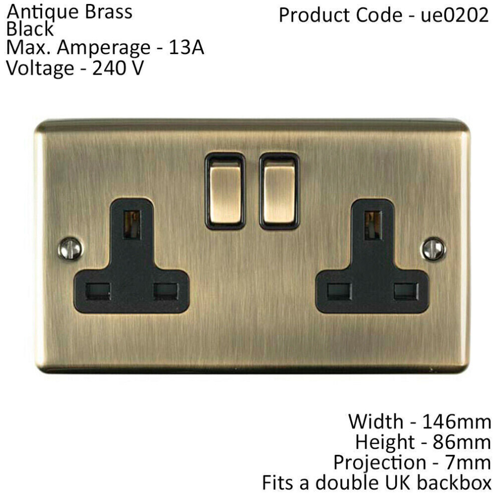 Loops 2 Gang Double Uk Plug Socket Antique Brass 13A Switched Mains Wall Power Outlet