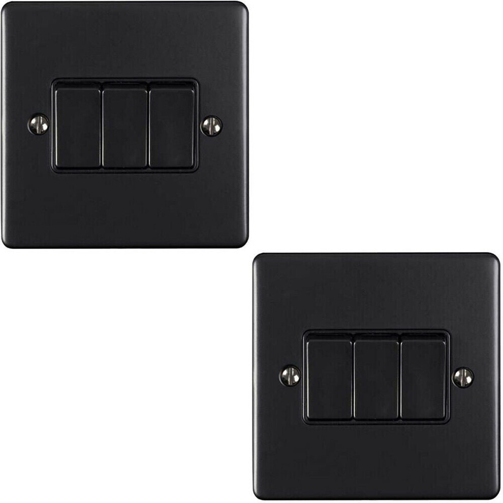 2 PACK 3 Gang Metal Triple Light Switch MATT BLACK 2 Way 10A Black Trim