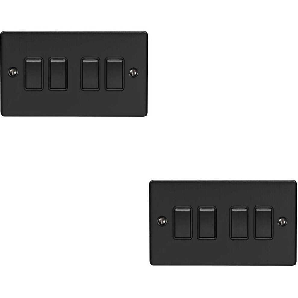 2 PACK 4 Gang Quad Light Switch MATT BLACK 2 Way 10A Black Trim