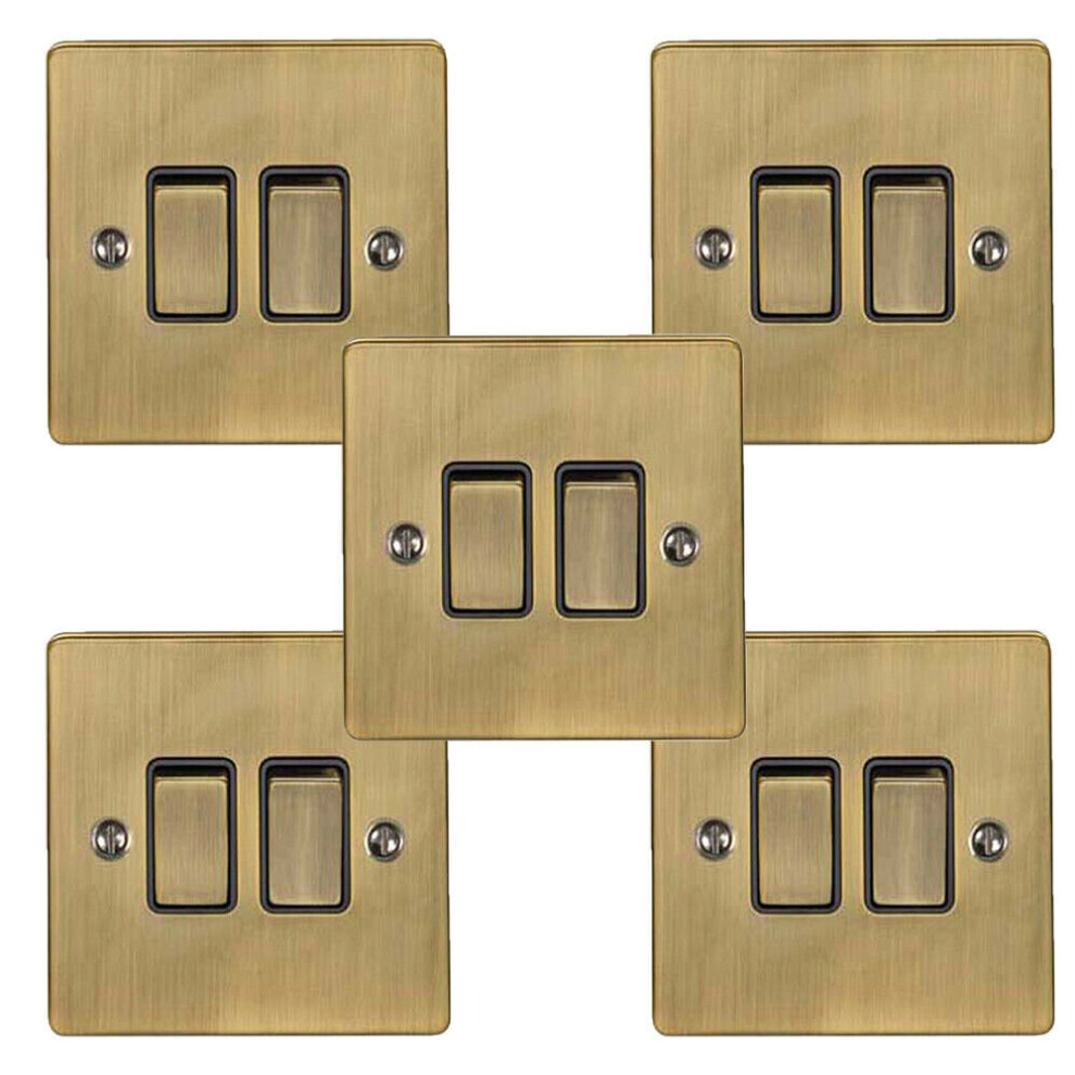 5 Pack 2 Gang Double Metal Light Switch Antique Brass 2 Way 10A Black Trim 5056524221747