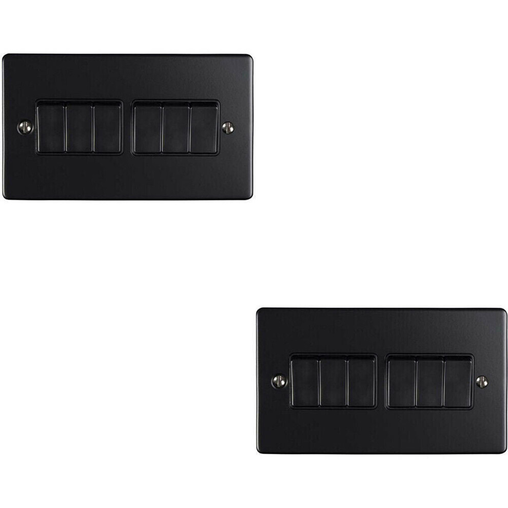 2 PACK 6 Gang Metal Multi Light Switch MATT BLACK 2 Way 10A Black Trim