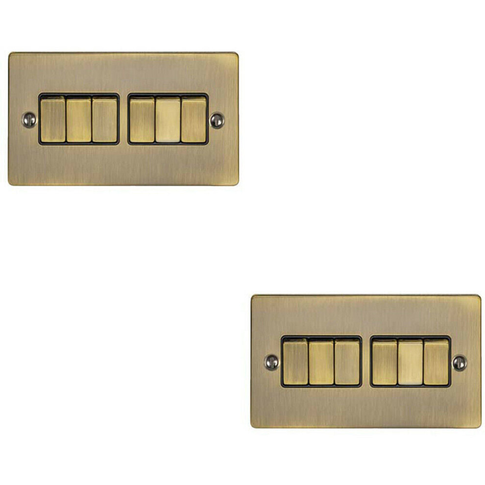 2 PACK 6 Gang Metal Multi Light Switch ANTIQUE BRASS 2 Way 10A Black Trim