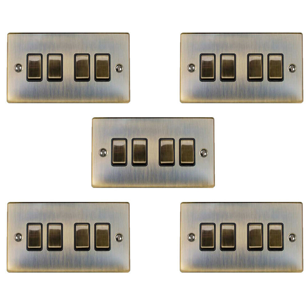 5 PACK 4 Gang Quad Light Switch ANTIQUE BRASS 2 Way 10A Black Trim