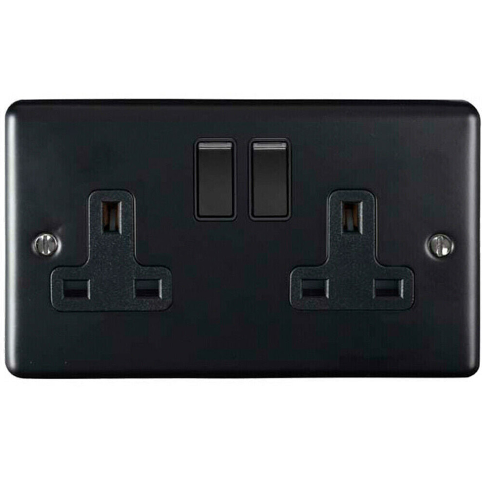 2 Gang Double UK Plug Socket MATT BLACK 13A Switched Mains Wall Power Outlet