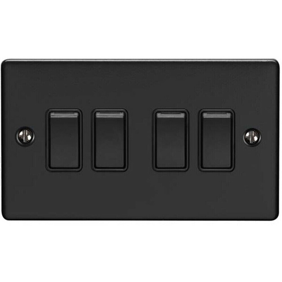4 Gang Quad Light Switch MATT BLACK 2 Way 10A Black Trim & Metal Rocker